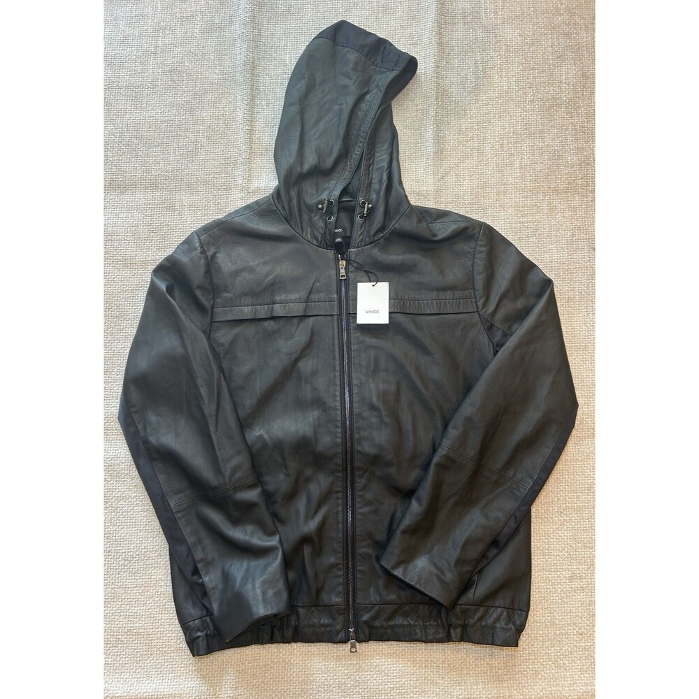 NWT Vince Men's Lamb Leather Hooded Bomber Jacket Zip Hoodie Black Size L $895